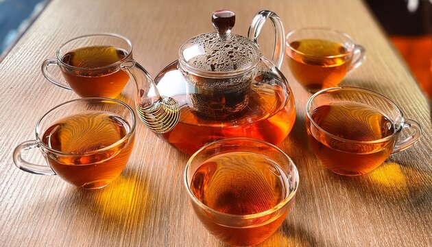 glass teapot with spout and lid sits alongside five matching glass cups filled with amber tea elegant design showcases warm hues of beverage