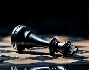 dramatic low angle close up of fallen black king in chess