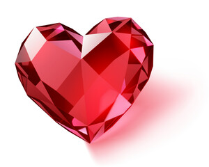 A digitally illustrated red gemstone heart with faceted surface and subtle shadow on a white background.