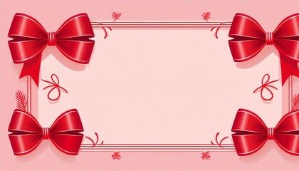 decorative red ribbons and bows forming frames and accents in square format minimal style on soft pink background for social media posts