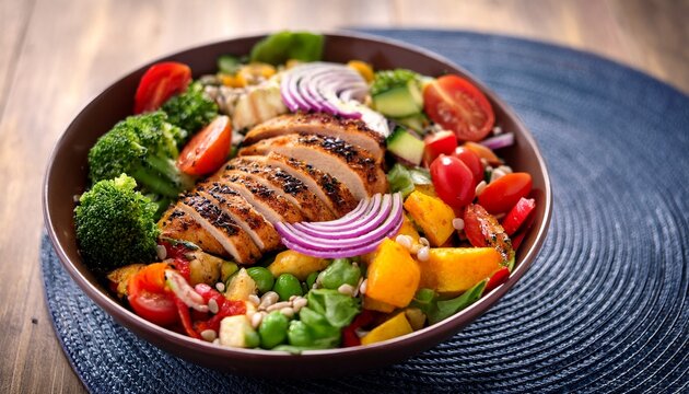 fresh and colorful salad bowl featuring grilled chicken vibrant vegetables herbs and crunchy toppings perfect for healthy meal - Powered by Adobe