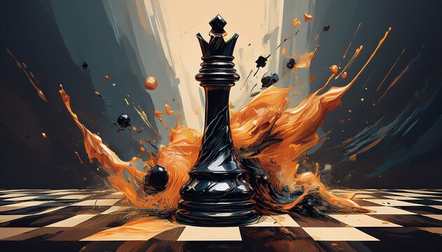 modern abstract chess art of toppled black king