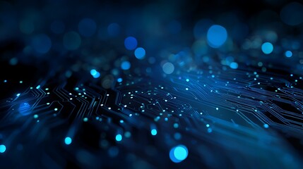Stunning blue circuit board with glowing light particles represents advanced digital technology and seamless data flow