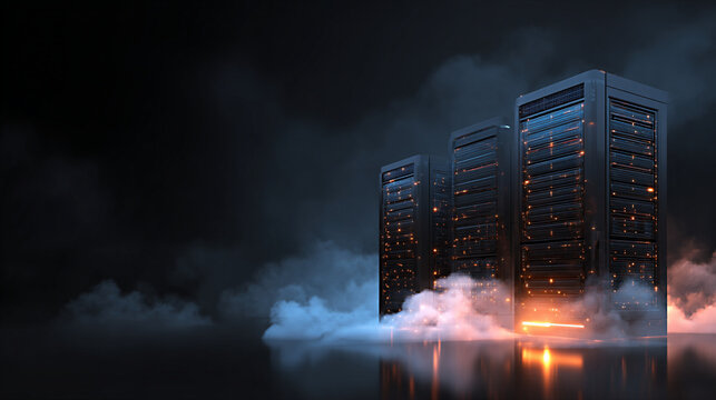 Data center servers illuminated in dark atmosphere with fog, showcasing advanced technology and digital infrastructure, representing modern computing solutions and innovation