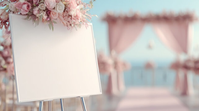A blank white welcome sign displayed on an easel. Adorning the front of the wedding entrance archway.