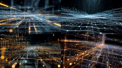 Abstract futuristic cityscape of fractal realms and digital data diversity at night