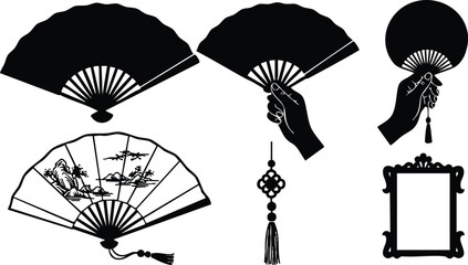 Minimalist silhouette vector set showing black folding hand fans with tassel and ornate frame, centered composition, close-up low-angle hand holding fan, open and closed elegant poses