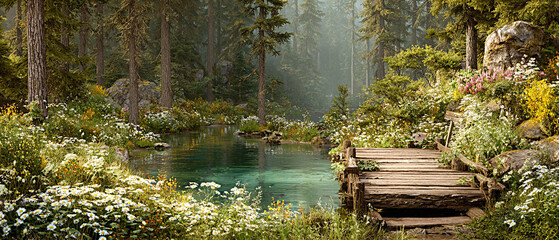 Serene landscape featuring a tranquil stream surrounded by lush greenery, vibrant wildflowers, and towering trees, creating a peaceful natural retreat for relaxation and reflection