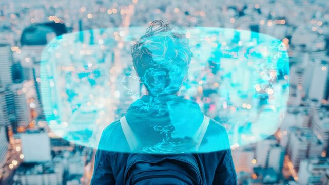 Individual observing an urban landscape through an ethereal digital interface, blending tangible world with augmented reality