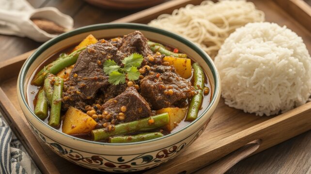 National dishes of Bruneian cuisine. 
Daging masak lada hitam &mdash; beef stew with potatoes and beans.