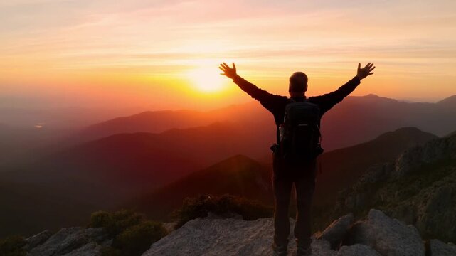A person standing on a mountain top, arms outstretched in a welcoming gesture against a sunset backdrop. The scene evokes feelings of freedom and accomplishment. Stock Video