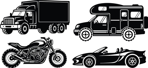 Silhouette vector set showing black cargo truck side view, camper van side profile, cruiser motorcycle and convertible sports car, high-contrast monochrome bold flat composition, center alignment