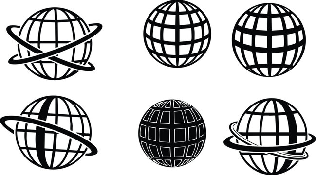 Line art vector globe icon set showing six distinct black globe designs with tilted orbit ring, dense grid sphere, thick filled globe and varied stroke weight