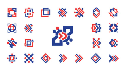 A collection of abstract geometric logos with red and blue elements.