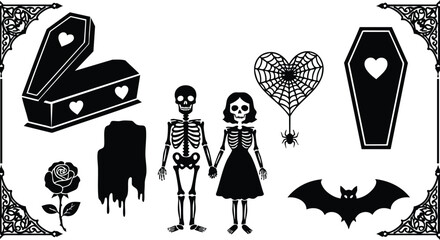 Tattoo flash close up skeleton bride and groom holding hands with open coffin, heart spiderweb with spider, dripping candle, bat and rose in corner frame halloween