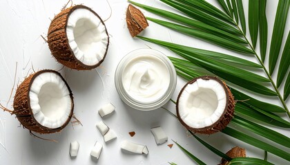 Fresh coconuts, cream, and palm leaves composition on a white background