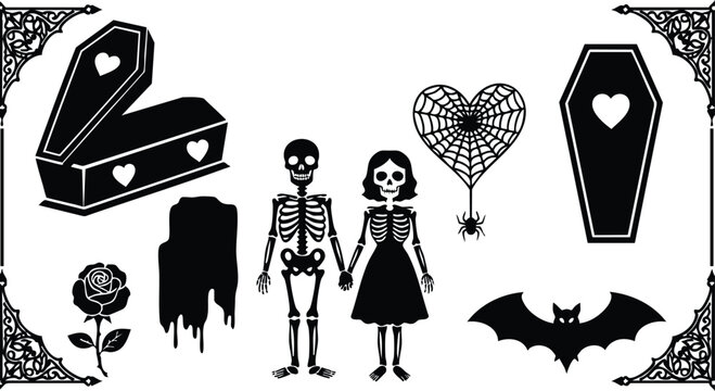 Tattoo flash close up skeleton bride and groom holding hands with open coffin, heart spiderweb with spider, dripping candle, bat and rose in corner frame halloween