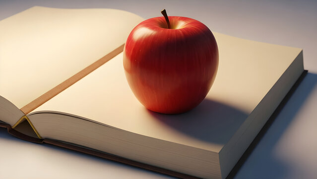 Fresh red apple resting on open book with soft light background  