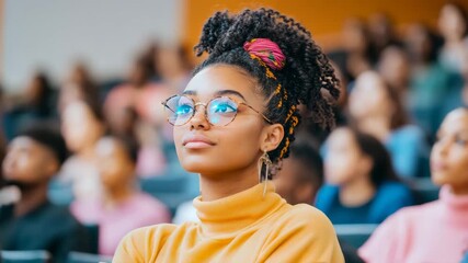 Attentive young student with vibrant curly hair and reflective spectacles engrossed in an engaging educational presentation