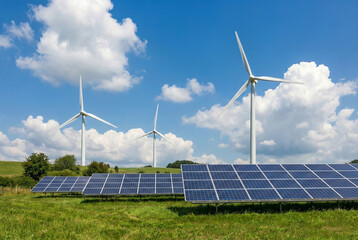 Solar Panels and Wind Turbines in Green Field Under Blue Sky created with Generative AI Technology, ai, generative