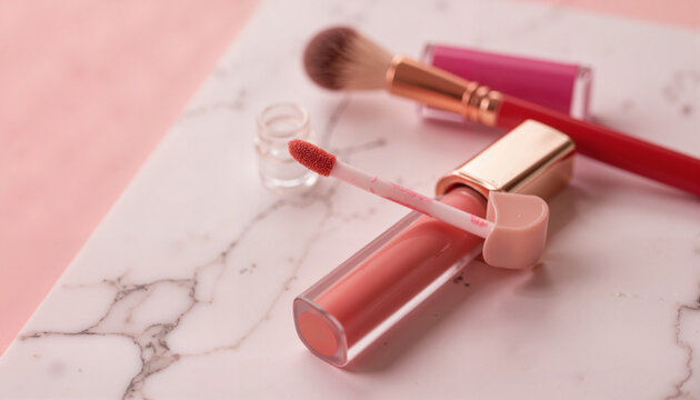 Makeup product arrangement featuring coral lip gloss and makeup brush on marble. Makeup product still life displays colorful lip gloss, essential for beauty routine.