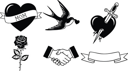 Tattoo flash classic black line close up heart with mom banner low angle swallow holding ribbon dagger pierced heart single rose handshake emblem blank scroll vintage