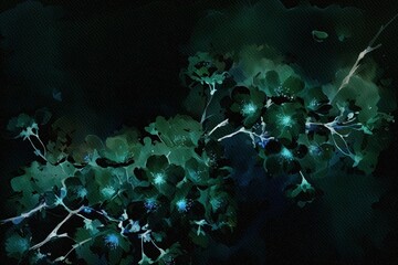 Black and green of a flowering branch. The branch is adorned with delicate blossoms. The flowers and branch create a striking contrast against the dark background. Vintage art.
