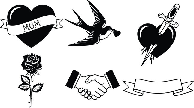 Tattoo flash classic black line close up heart with mom banner low angle swallow holding ribbon dagger pierced heart single rose handshake emblem blank scroll vintage