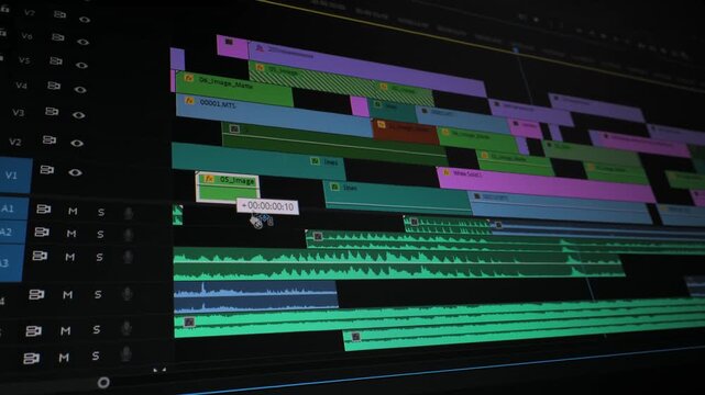 Colorful Video Editing Timeline with Multiple Audio and Visual Tracks, Complex multitrack interface showing layered clips, waveforms, and editing elements