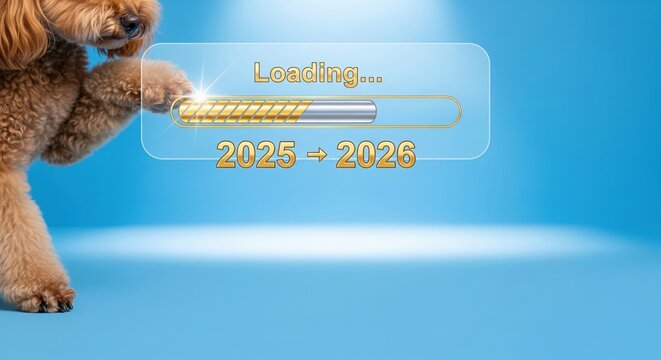  Cute dog paw touching digital 2026 loading progress bar concept on blue background