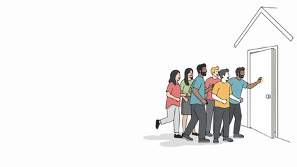 Fototapeta premium People queuing in front of house door, a common sight for services or events. Diverse group of individuals forming a line, people queuing patiently for entry or opportunity.