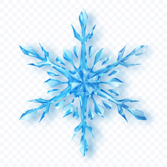 A complex snowflake with crystalline facets in shades of light blue with soft shadow on a transparent background. Transparency only in vector format.