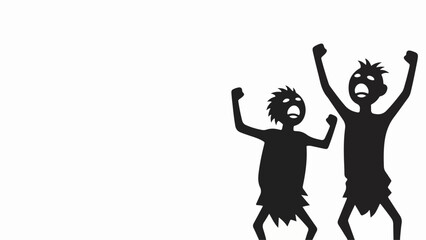 Angry cavemen silhouettes, mouths open, fists raised on white. Primal figures show raw emotion, fierce expressions capture energy, angry cavemen symbolize struggle, protest.