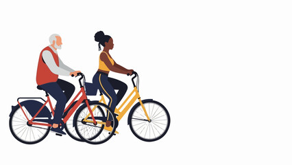 Obraz premium Diverse people cycling on bicycles across plain white background. Older man and younger woman engage in active lifestyle, people cycling together.