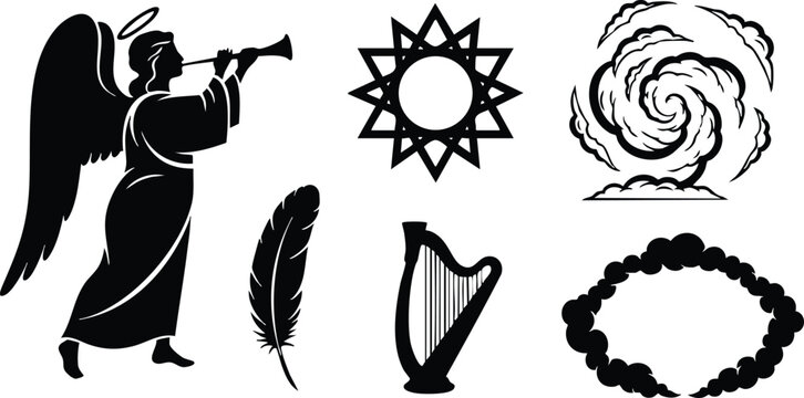 Silhouette icon set close-up angel blowing trumpet with harp feather star swirl and wreath icons for vintage religious festive decoration flat vector artwork centered black profile
