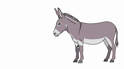 Gray donkey illustration standing calmly, clean white background. Charming donkey illustration depicts a docile farm animal with long ears, perfect for children's books and educational content.