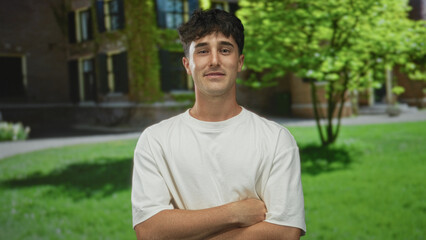 Man with arms crossed in front of brick building wearing white t shirt and looking at camera; confidence approachable.