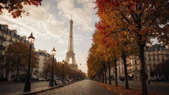Autumn in Paris: Eiffel Tower View on Cobblestone Street with Falling Leaves