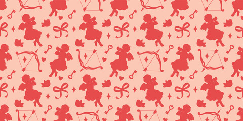 A seamless Valentine's Day pattern featuring Cupids, hearts, and bows with arrows in pink tones. A coquette and romantic background for love-themed designs