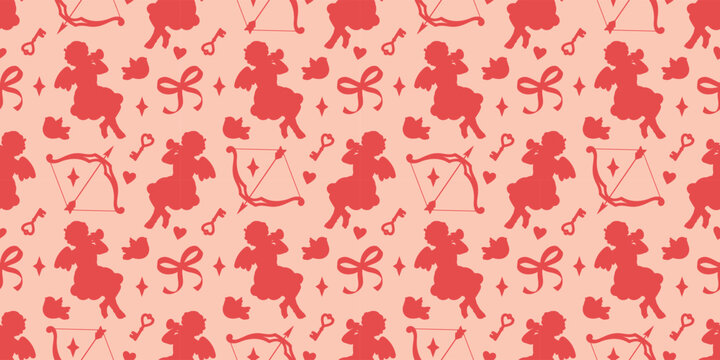 A seamless Valentine's Day pattern featuring Cupids, hearts, and bows with arrows in pink tones. A coquette and romantic background for love-themed designs
