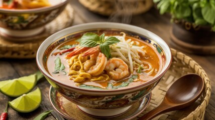 National dishes of Bruneian cuisine. 
Curry laksa noodles in curry sauce with boiled chicken.