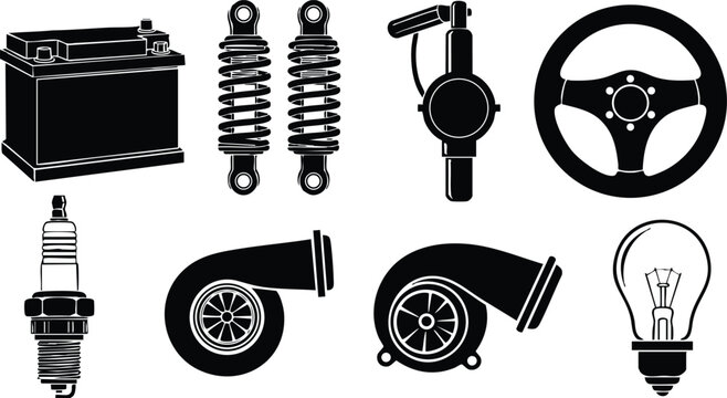 Flat automotive silhouette icon set showing top view, side angle car battery, twin coil shocks, steering wheel close-up, inline spark plug, dual turbo housings, gauge, bulb