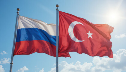 Diplomatic relations between russia and turkey flags displayed outdoor setting sunny day national symbols