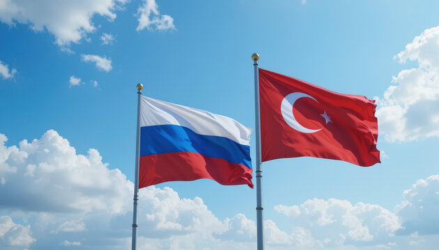 Diplomatic relations strengthened russia and turkey flags displayed under clear skies outdoor event national pride