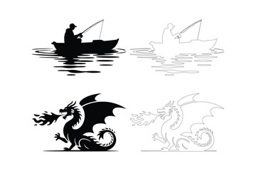 Fisherman in boat and dragon with fire