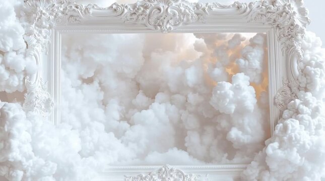 2026 color trend. Elegant white baroque floating frame surrounded by soft white clouds, showcasing a serene atmosphere, camera gradually zooms in to highlight intricate details
