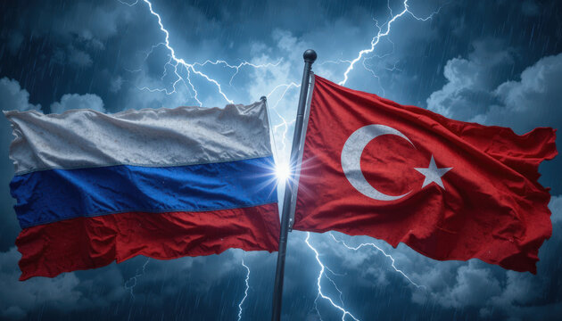 Tension between russia and turkey flags amidst thunderous skies political climate dramatic imagery ominous atmosphere