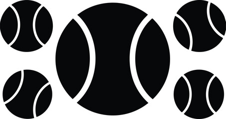 Flat design centered large black tennis ball with four smaller corner balls showing vertical seams front view bold silhouette high contrast icon set sports branding logo
