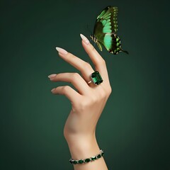a hand wearing jewelry set for advertising luxury ring and a bracelet with emerald gemstone, a green butterfly on the hand 