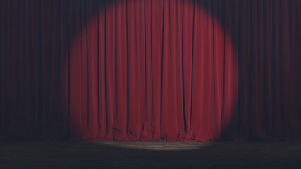 Empty theater stage with red velvet curtains with spotlights. Stage set for a performance with red curtains and empty seats in a theater waiting for the show to begin. 